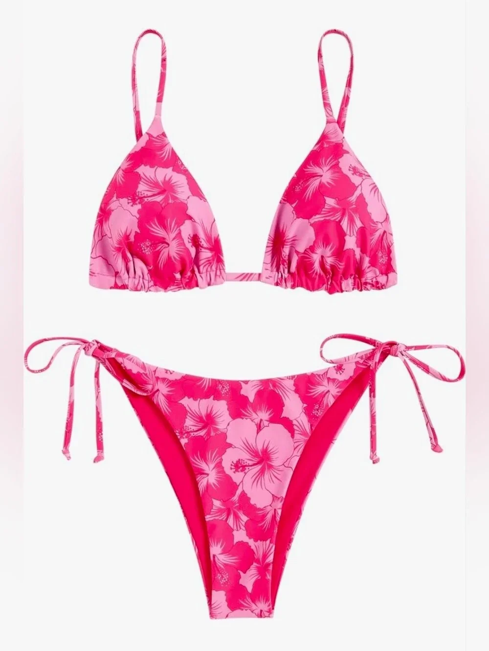 🌸Zaful Hot Pink Floral Tie-Side Triangle Bikini Reversable Swimwear Medium🌸